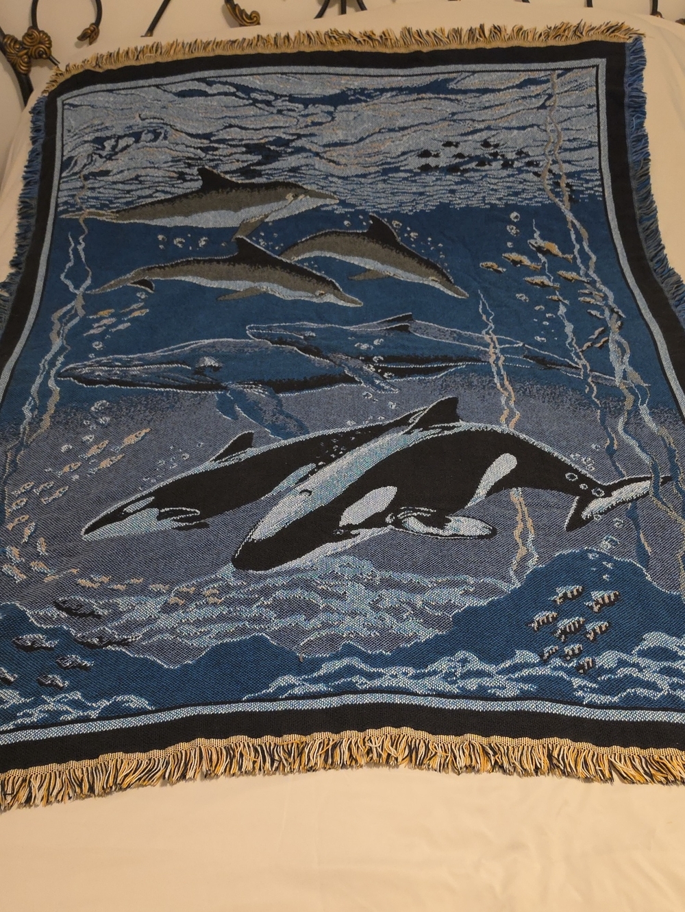 vintage Goodwin Weavers ocean tapestry throw blanket, featuring Made In The USA